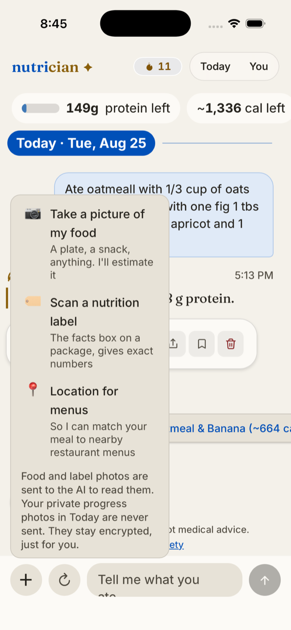 The Nutrician chat screen: a meal described in plain words, with protein and calories remaining across the top.