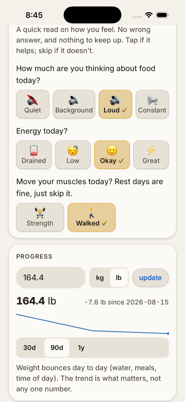 A check-in asking how much you are thinking about food and how your energy is, above a weight trend chart.